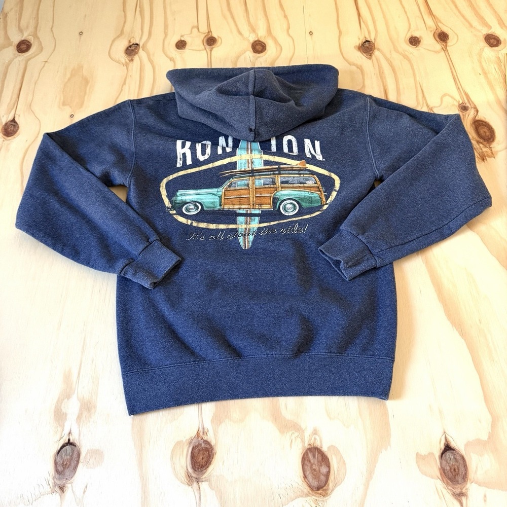 Ron Jon Surf Shop Men's Pullover Hoodie S Blue Graphic Logo Drawstring Pockets